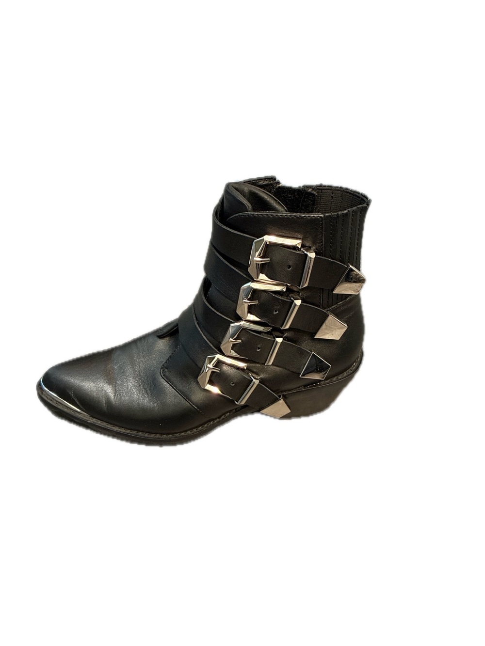 Wishbone Pointed Toe Edgy Multi Buckle Ankle Boots in Black Size 6.5